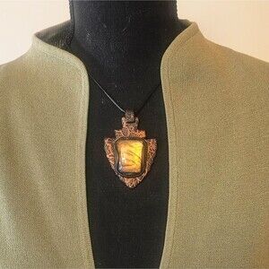 Bronze Polymer Pendant With Labordorite Stone On Black Wax Rope Necklace